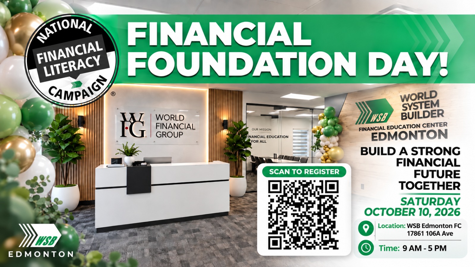 Financial Foundation Day — WSB Edmonton FC, 17861 106A Ave, Saturday October 10, 2026, 9 AM–5 PM, scan to register
